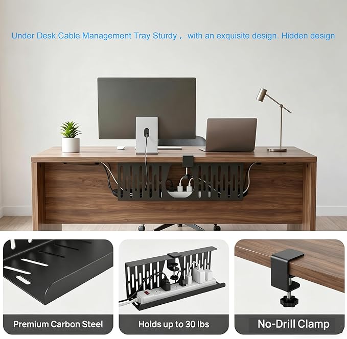 Under Desk Cable Management Tray, Cord Organizer for Desk Cable Management Tray Under Desk with Clamp for Home Office, Standing Desk(1Pack，Black)