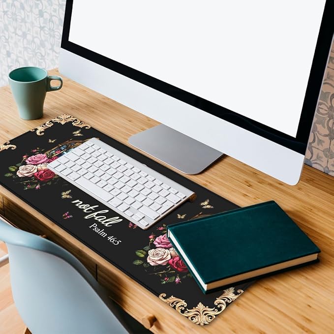 Christian Gaming Mouse Pad Bible Verse Psalm Floral Faith Extended Gaming Mouse Pad Mat with Stitched Edge Non-Slip Base Big Mousepad 31.5"x11.8"
