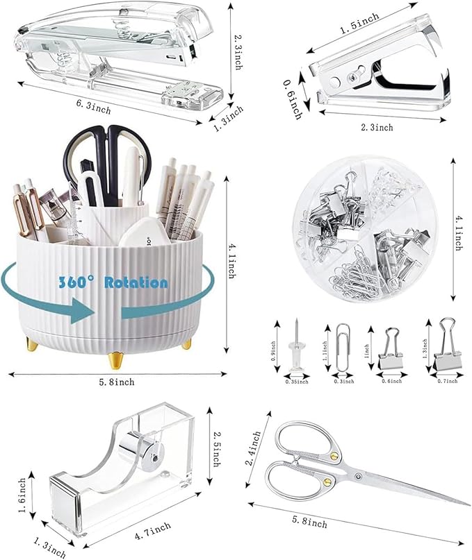 Gawsey Silver Desk Organizers and Accessories Set with 360-Degree Rotating Pen Holder, Acrylic Stapler, Tape Holder, Staple Remover, Binder/Paper Clips Kit, Scissor and 1 Box of Staples