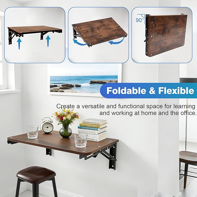 Folding Shelf Wall Mounted for Small Space, Wooden Wall Table for Living Room Bedroom Decor, Office Floating Fold Down Desk, Media Shelves with Heavy-Duty Brackets Holds Up to 80lbs, 21.7Inches