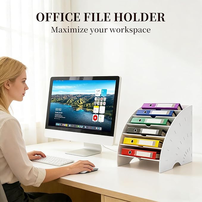 File Folder Desk Organizer, 6-Tier Binder Holder for Office Supplies Storage, WPC Magazine Book Rack for Workspace, Home, Classroom, White Decorative File Box