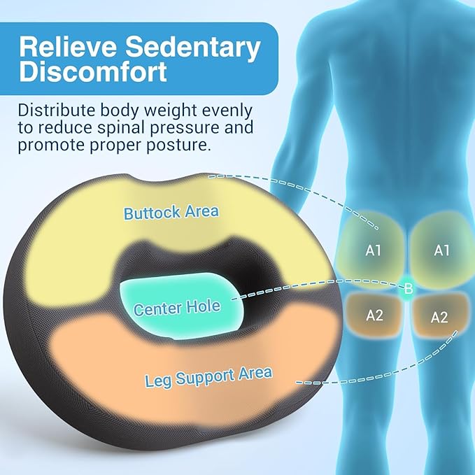 CushZone Donut Pillow for Postpartum Pregnancy - Large Ergonomic Chair Seat Cushions, Office Chair Cushion, Breathable Hemorrhoid Pillow, Lifting Chair Pads for Sitting, After Surgery(Grey)