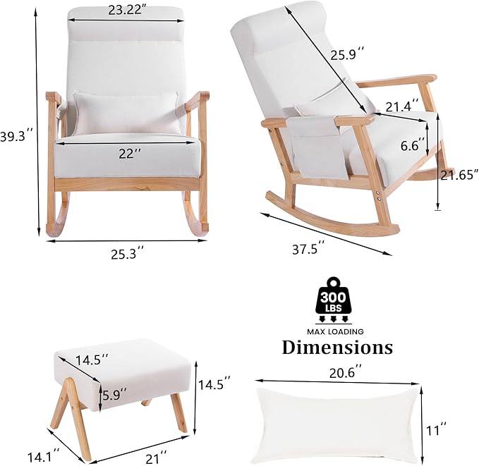 NOBLEMOOD Rocking Chair Indoor with Ottoman, Upholstered Rocking Chair with Lumbar Pillow, Side Pocket, High Back Solid Wood Frame Rocker with Footrest for Living Room
