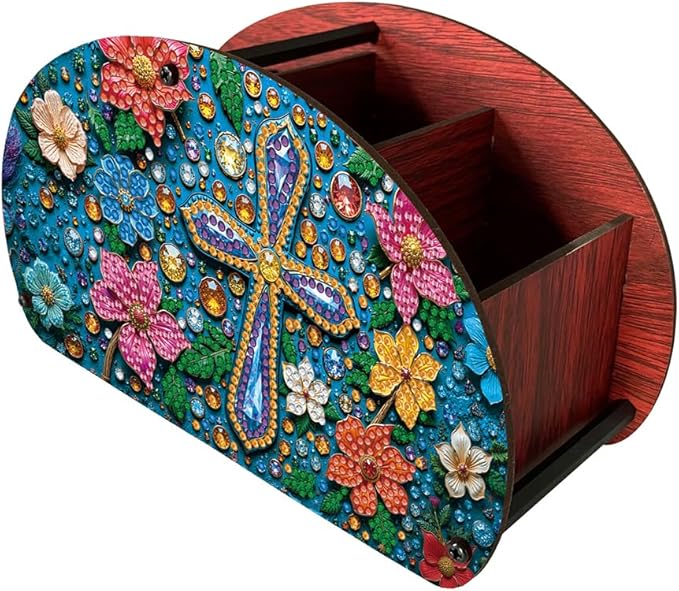 POETRYDRAW DIY Cross Diamond Art Painting Wooden Storage Box – Multi-Grid Moon Fan Makeup Brush Organizer, Double-Sided Drill Tabletop Holder for Women, Office & Home Decoration