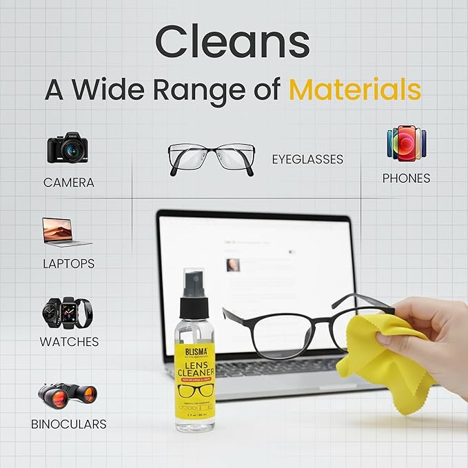 Lens Cleaner Spray & Microfiber Cloth Kit – 1 × 60 ml + 2 × 120 ml Lens Cleaner + 3 × 150×180 mm Ultra-Soft Microfiber Cloths (Yellow, Black, White) – Pack of 6