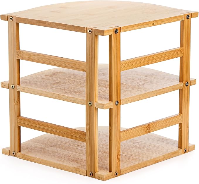 Goaste 3-Tier Bamboo Corner Shelf, Kitchen Countertop Storage Organizer, Cabinet Plate Rack for Pantry Organization, Bathroom, Desktop, 9.5 x 9.5 x 9.5 Inch