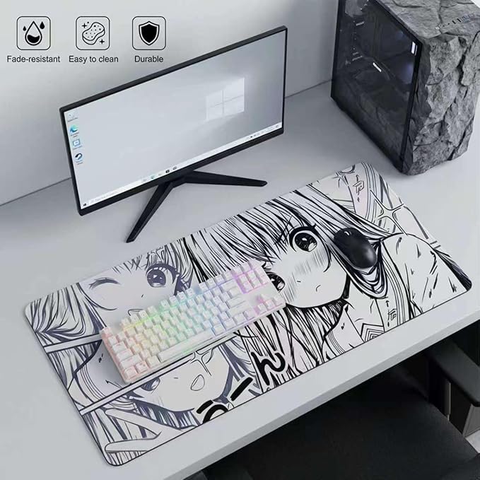 XXL Anime Girl Mouse Pad Black White –Super Thick Large Manga Girl Desk Mat 31.5x15.7 – Non-Slip, Water-Resistant, Stitched Edges – Aesthetic Japanese Gaming Mat 800X400X4mm
