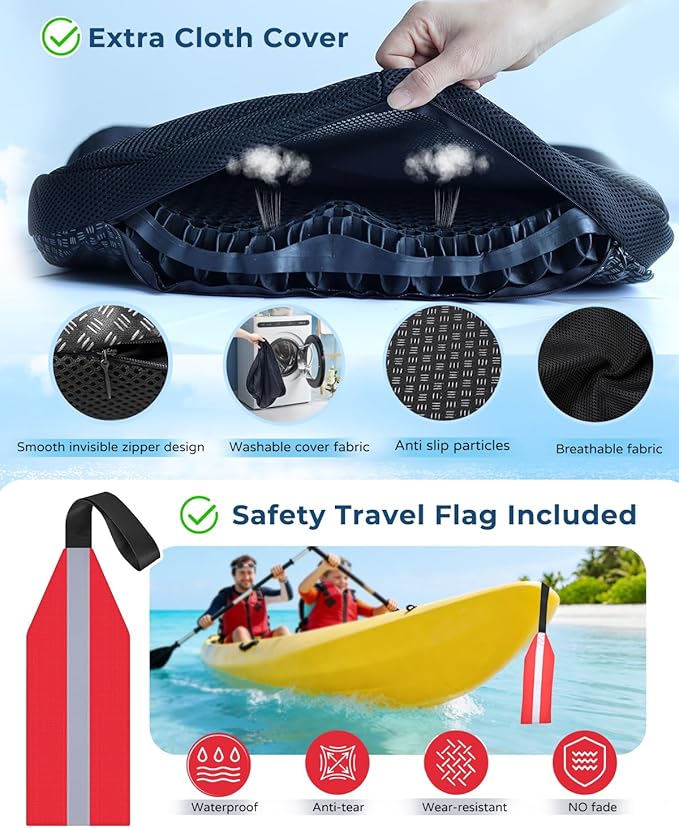 Premium Gel Kayak Seat Cushion, Thickened Non-Slip Waterproof Seat Pad, Breathable Universal Fit for Canoe Fishing Boat, Portable Washable Kayak Accessories, with Safety Travel Flag - Blue