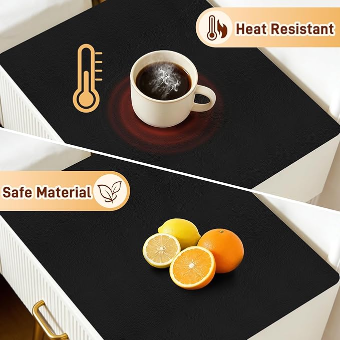 Cuttable PU Leather Nightstand Mat - 15.7x11.8in, Waterproof, Heat Resistant & Non-Slip Night Stand Accessories, Bedside Table Mat, Dresser Protector Top, End Table Cover, Small Desk Mat, Black