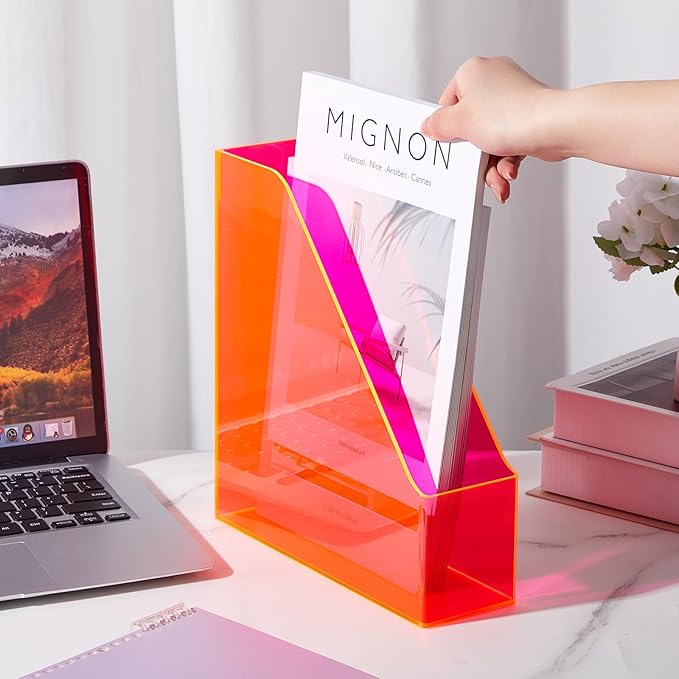 Engrowtic 2 Pcs Fluorescent Powder Vertical Magazine File Holder Acrylic Magazine Holder Storage Organizer Plastic Acrylic Rack for Office Classroom Home Document Paper Book Collection