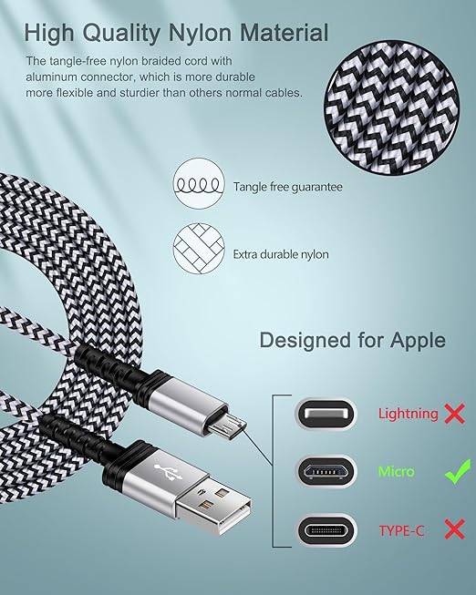 Micro USB Cable Fast Charging for Kindle Fire, Kids PaperWhite, E-Reader, PS4 Slim/Pro, 4, Xbox One S/X Controller, Kindle Fire Stick, Game Power Supply, Android Power Cargardor USB B Cord - 6Ft