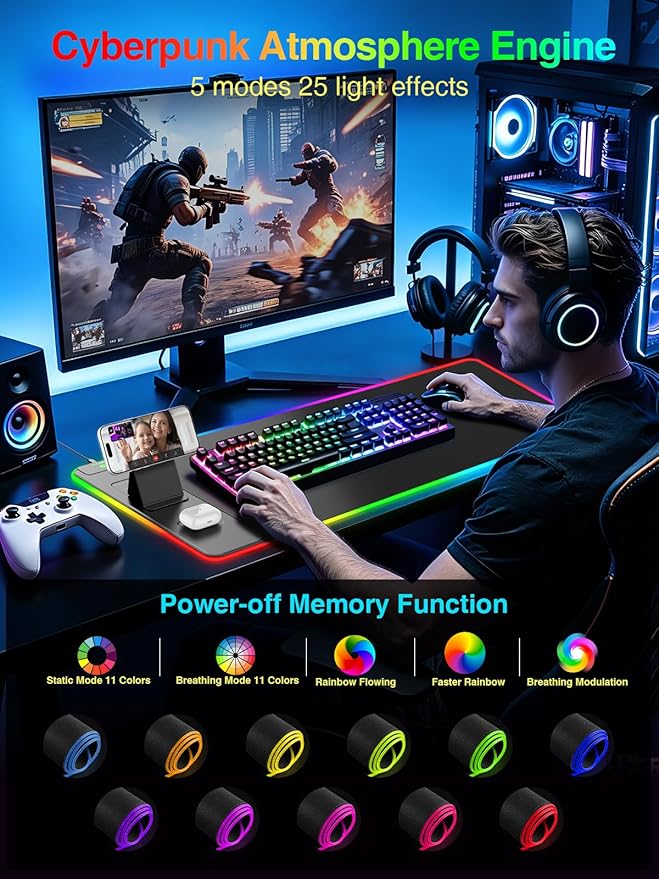 4-in-1 RGB Gaming Mouse Pad with Magnetic Wireless Charging & Phone Stand, 31.5"x15.8" Large, 24 Light Effects, Non-Slip Base, Waterproof Ultra-Smooth Surface, with Adatper