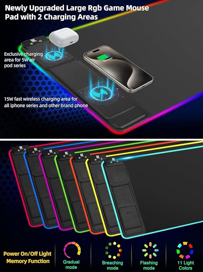 XXL Mouse Pad with Phone Holder - Black, RGB Desk Mat with 15W Fast Charging, LED Gaming Mousepad with 11 Light Colors, Waterproof Non-Slip Pad for Office & Home (Black with PD Adapter)