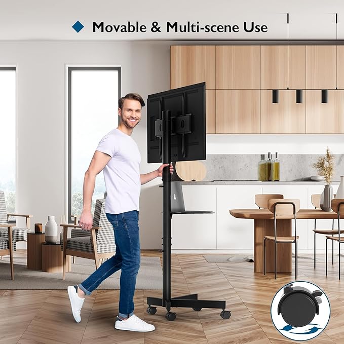 BONTEC Mobile TV Stand for 23-65 Inch TVs, Rolling TV Stand with Locking Wheels, Adjustable Height, Media Shelf, Outdoor TV Stand Max VESA 400x400mm, Holds Up to 88lbs