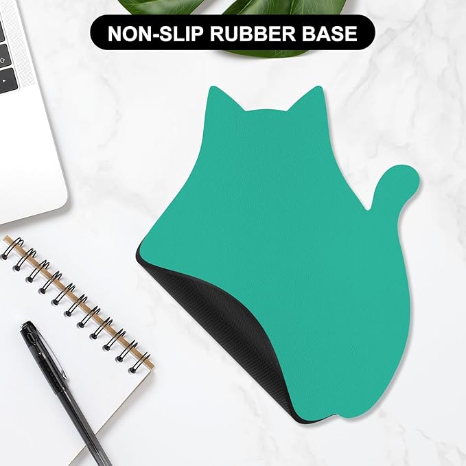 Funny Leather Mouse Pad Cute Cat Shape Office Desk Accessories Decor for Women Small Mousepad with Non-Slip Rubber Base Washable Waterproof, 9.7" x 8", Light Green