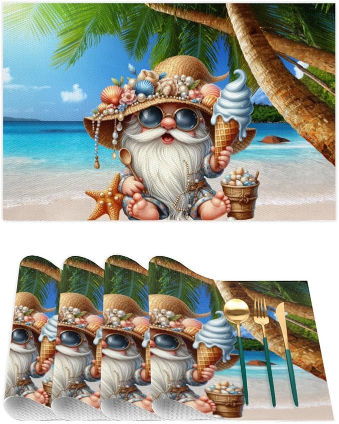 Placemats Set of 4 Heat-Resistant Rectangle Place Mats Beach Palm Gnomes Cute Washable Plastic PVC Dining Table Mat Non-Slip Wipeable Woven Vinyl Placemat for Kitchen Patio Table Decor