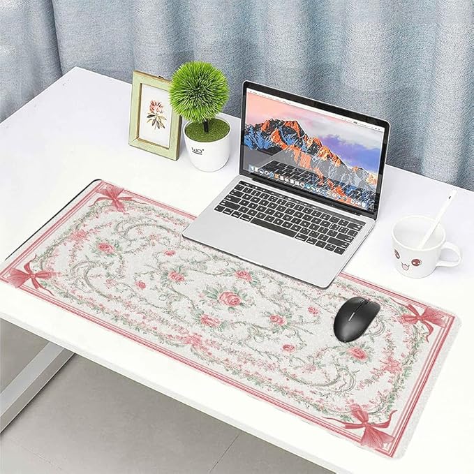 Vintage Floral Desk Mat for Women, Large PU Leather Desk Pad with Non-Slip Base, Elegant Office Keyboard Cover an Elegant and Thoughtful Gift for Women(23.6x11.8 Inch)