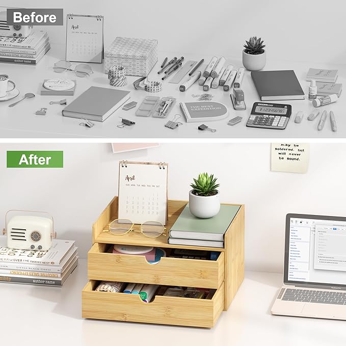 Wisuce Bamboo Desk Organizer - Mini Bamboo Desk Drawer Tabletop Cosmetic Storage Organization for Office or Home (Nature 2 Drawers)