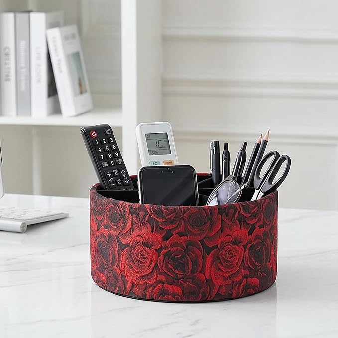 Remote Control Holder, 360°Spinning PU Leather Desk TV Remote Caddy,Desk Storage Box Room Accessories for Controller, Media,Mail,Calculator, Mobile Phone,Pencil(1-B3D Red)
