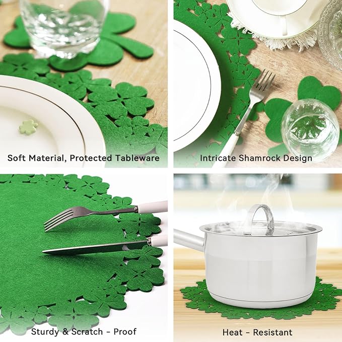 Noctiflorous St. Patrick’s Day Shamrock Green Round Felt Placemats with Coasters Set of 6 Table Decoration Durable Heat-Resistant Non-Slip Washable Place Mats Indoor Outdoor Kitchen Dining Table Mats