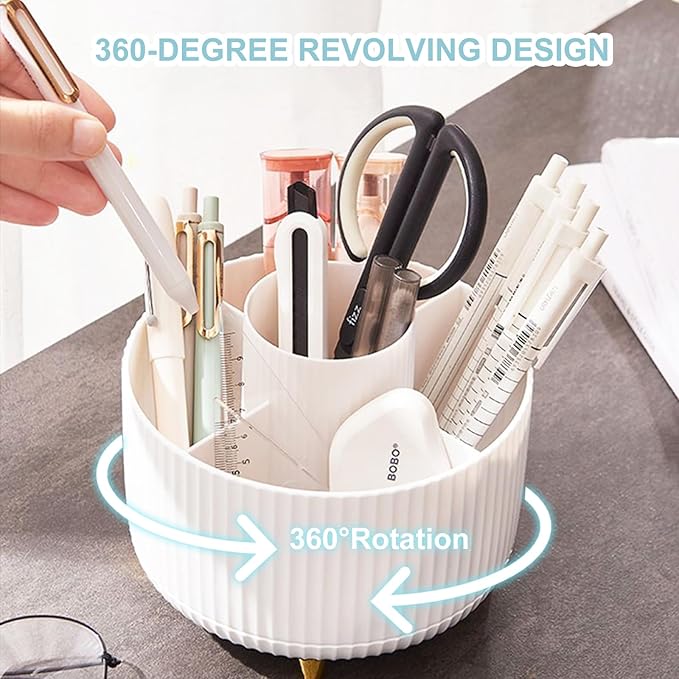 Cayxenful Pencil Holder For Desk,5 Slots 360°Degree Rotating Desk Organizers And Accessories,Desktop Storage Stationery Supplies Organizer, Cute Pencil Cup Pot For Office, School, Home (B-White)