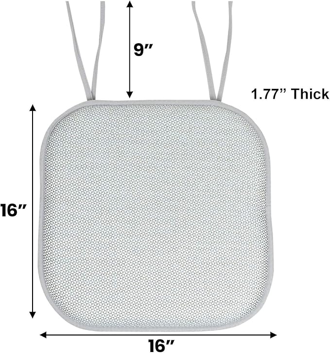 Chair Cushion Memory Foam Pads with Ties Honeycomb Pattern Slip Non Skid Rubber Back Rounded Square 16" x 16" Seat Cover
