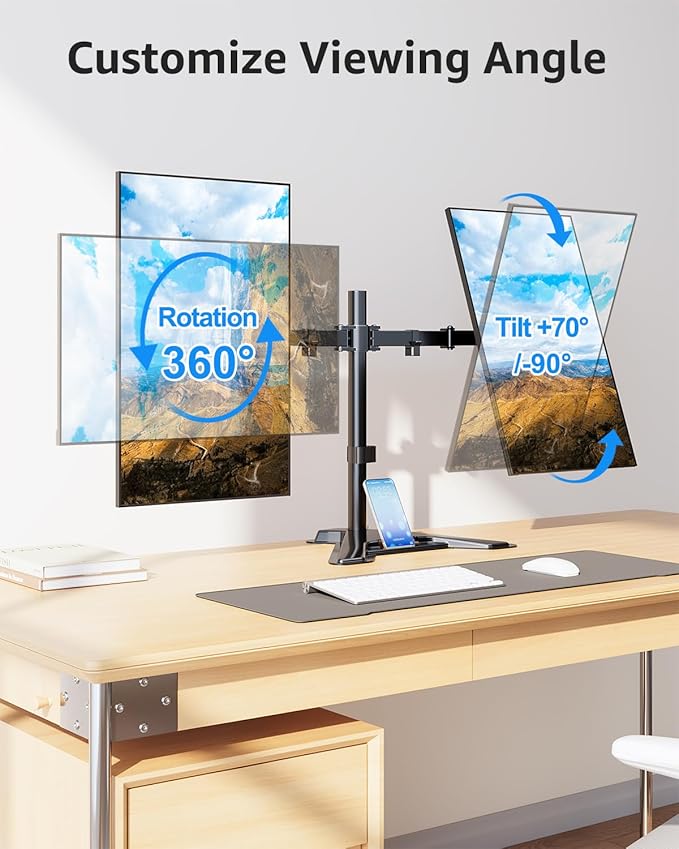 MOUNTUP Dual Monitor Stand - Freestanding & Height Adjustable Monitor Desk Mount, Steady VESA Mount Holds Max 17.6 lbs, Computer Monitor Stand for 2 Screens up to 27 inches, for Home Office