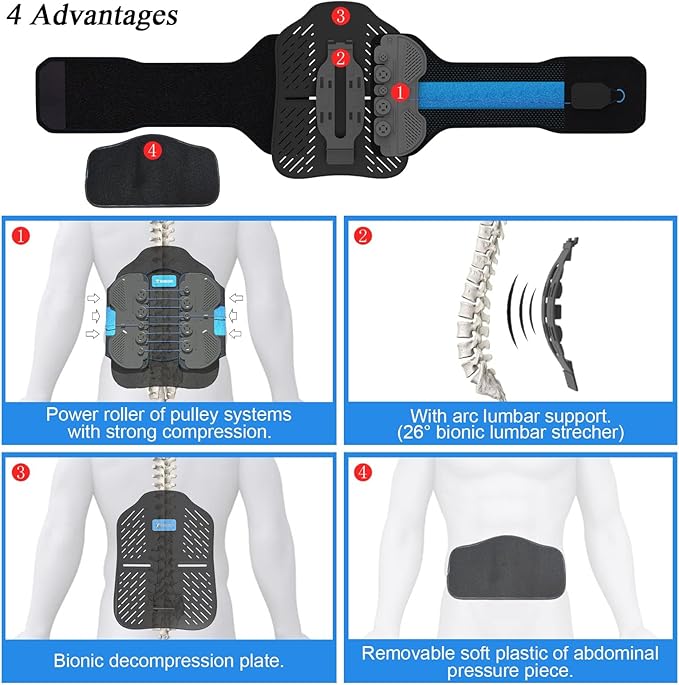 LSO Back brace for lower back with Maximum Decompression Plate&Comfort Curve Back Support New Added with Foam Pad,Dual Pulley System Lumbar Support Belt for Lower Back Pain Relieve,Pre and Post Spine Surgery