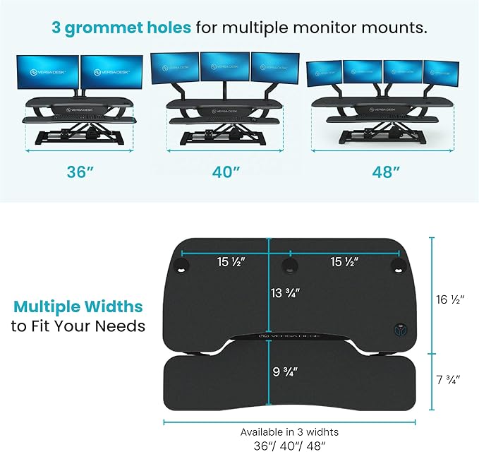 VERSADESK PowerPro 40 Inch Electric Standing Desk Converter – Push-Button Height Adjustable Sit to Stand Desk Riser for Triple Monitors & Laptop – Motorized Desktop Workstation with Wide Keyboard Tray