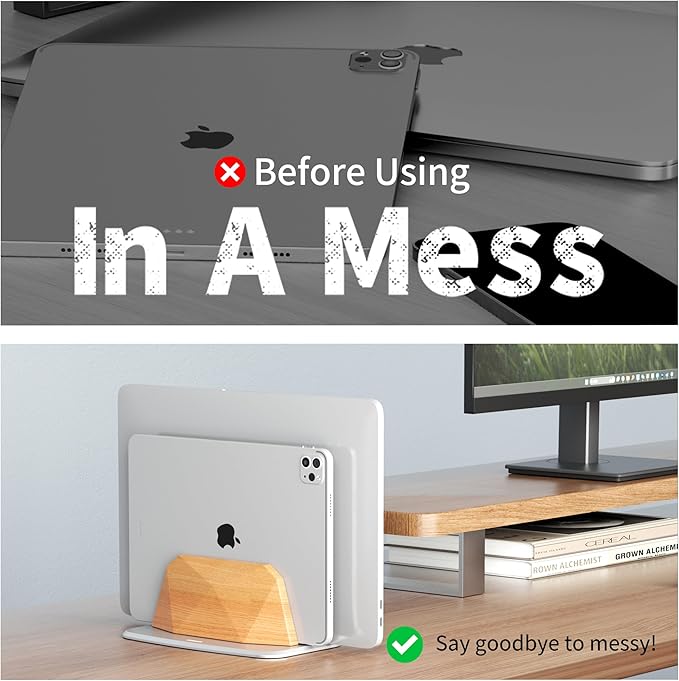 AFOOYO Vertical Laptop Stand - Dual Slots Wooden Adjustable Laptop Holder,Desktop Dock Compatible with All MacBook, Surface,Chromebook,Dell & More(Beechwood)