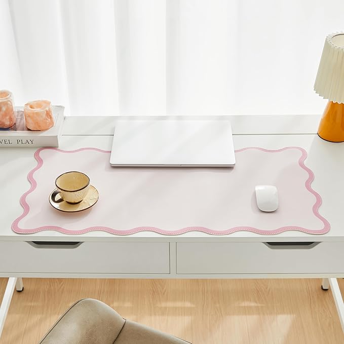 Pink Scalloped Desk Mat, 31.5" x 15.7", PU Leather, Waterproof Anti-Slip, Cute Aesthetic Desk Pad for Office/Home/Game/Vanity Large