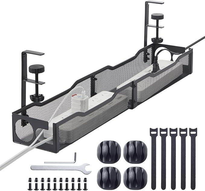 25'' Cable Management Under Desk No Drill，Metal Desk Organizer Suitable for Home desks or Standing desks ，Electrical Cord Management with Clamp