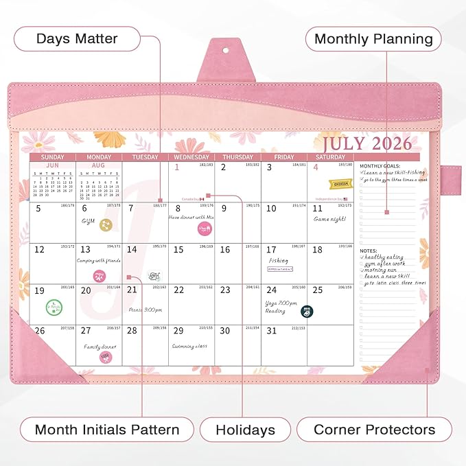 Ospelelf Leather Desk Calendar 2026-2027 Large 12"x17" Monthly Planner Pad with Protective Cover 18 Months Use July 2026 to December 2027 Pink Floral
