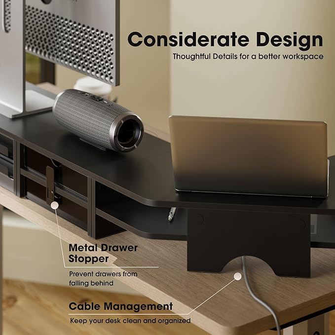 Fenge Dual Monitor Stand, 2-Tier Corner Monitor Riser with Drawer and Slide-out Tray, Triangle Desktop Shelf Organizer for Laptop Computer Printer Home Office Desk, Black