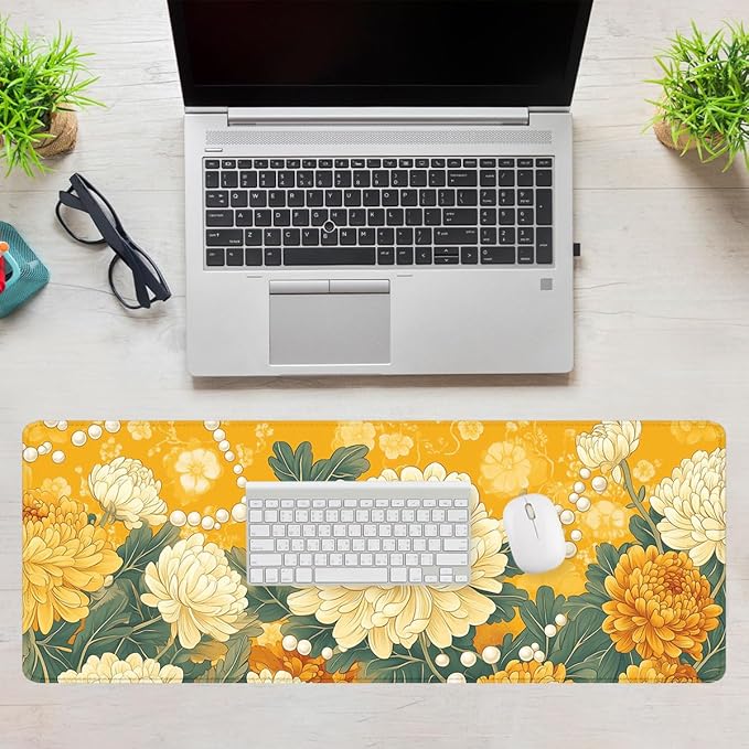 Flower Gaming Mouse Pad Autumn Chrysanthemum Yellow Vintage Floral Mousepad XL Large Gaming Mouse Pad Laptop Keyboard Mat Desk Pad 31.5"x11.8"
