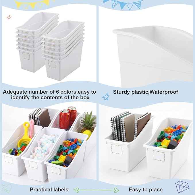 Suzile 12 Pcs Book Bins with Labels Linking Storage Bins Folder Magazine File Holder Interlocking Plastic Book Organizer Container for Office Classroom Home (White)