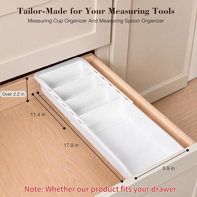 Expandable Measuring Cup Organizer & Measuring Spoon Organizer for Deep Drawers, 11.4''–18.1'' Adjustable Kitchen Drawer Organizer with 3 Dividers, Space-Saving Flatware Bin for Home & Kitchen