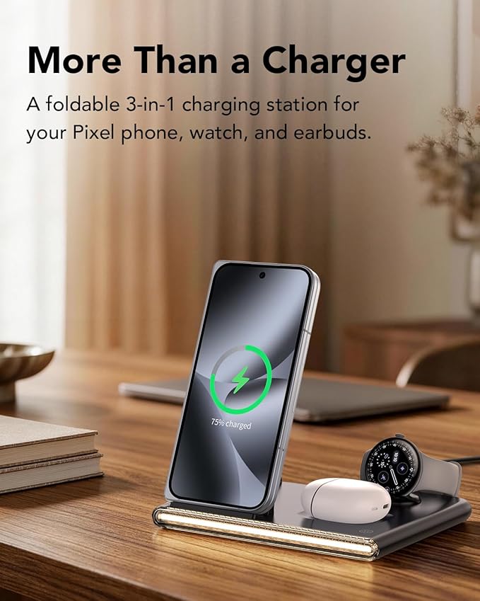 3 in 1 Foldable Charging Station for Google Pixel Watch 4, Wireless Charger for Google Pixel,Fast Wireless Charger Stand, Travel Charger for Pixel 10 Pro/Pro XL/Fold,Buds Pro 2(Only for Watch 4)