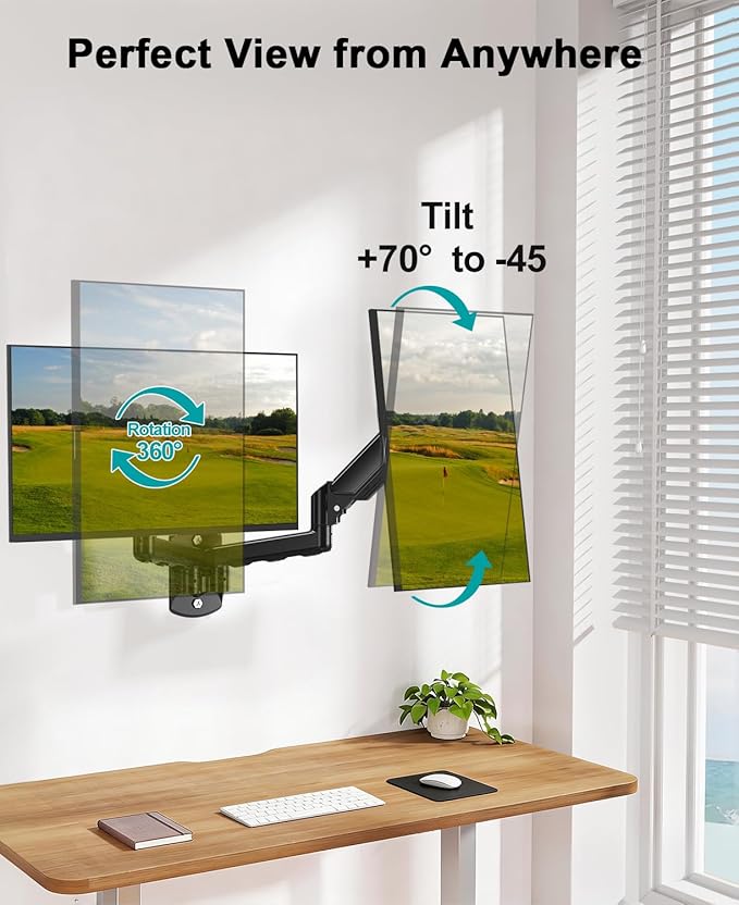 MOUNT PRO Dual Monitor Wall Mount for 2 Computer Screen up to 32 Inch, Gas Spring Double Monitor Arm Holds Up to 17.6lbs Each, Full Motion Adjustable Wall Monitor Mount, VESA Mount 75x75/100x100