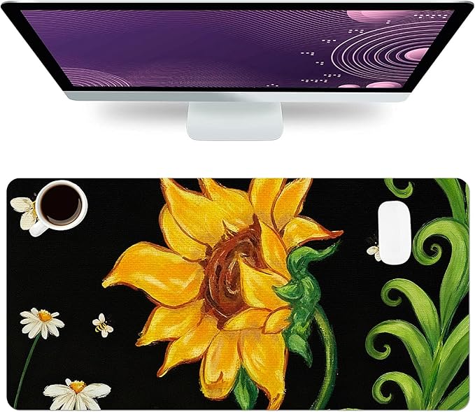Oil Painting Flower Mouse Pad PU Leather Daisy Desk Mat Large Waterproof Gaming Pad Non-Slip Keyboard Mouse Pad Writing Pad for Gamer Office&Home