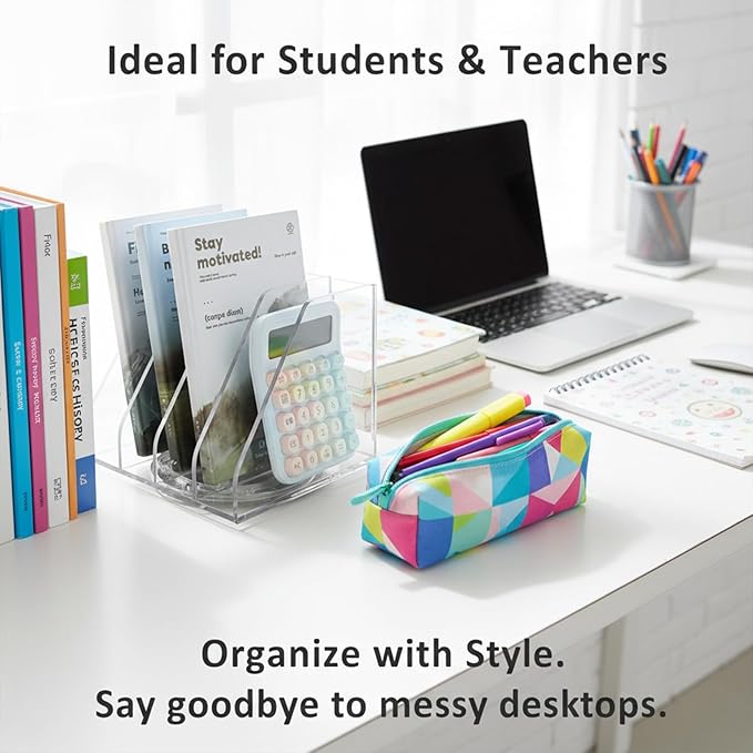 2 Pcs Acrylic File Organizer with 4 Vertical Compartments, 360° Rotating Vertical Desk Organizer for Books, Folders, Magazines, Compact Clear Book Stand & Binder Holder for Office Desk Storage