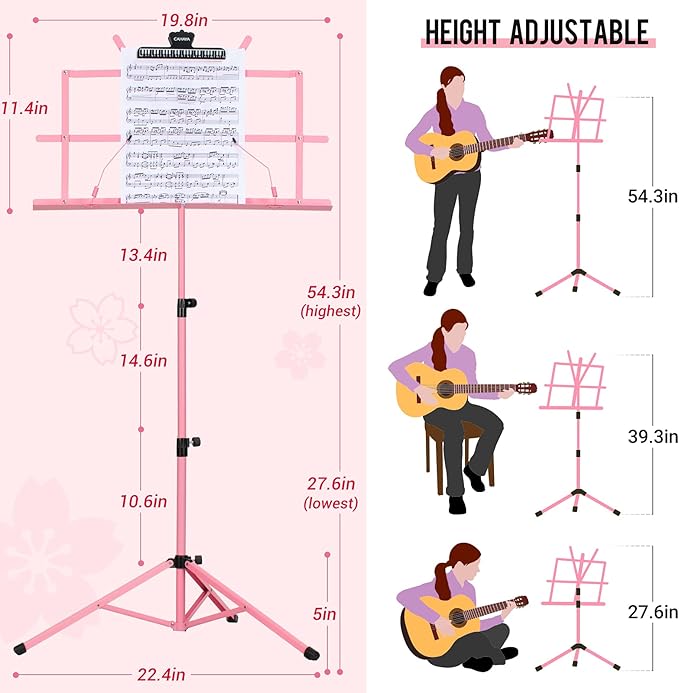 CAHAYA Portable Sheet Music Stand: Dual Use Desktop Book Holder Folding Lightweight Extra Stable Reinforced with Carrying Bag and Clip for Students Musicians Height Adjustable up to 54.3" CMS0204P
