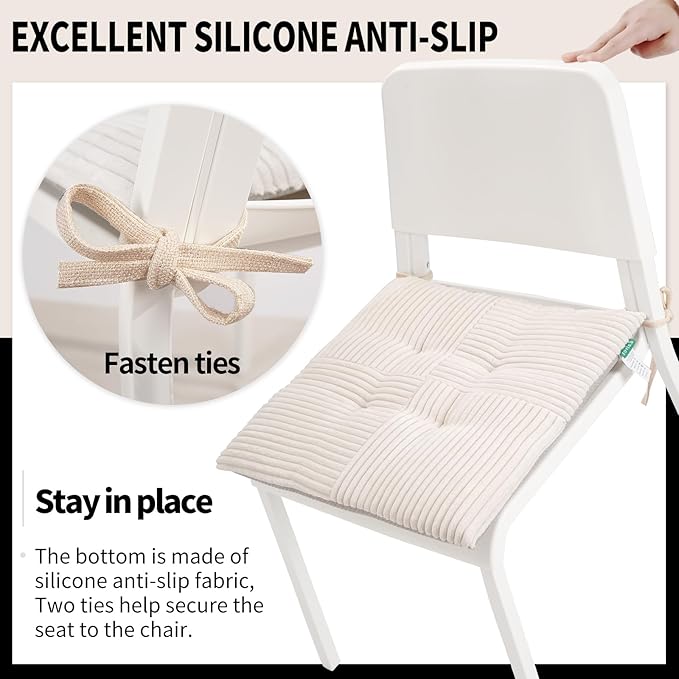 Office Stacking Chair Cushion with Ties, Corduroy High Density Foam Non-Slip Kitchen Seat Cushion, Square 17" x 17" Indoor Dining Chair Pads, White, 1 PCS