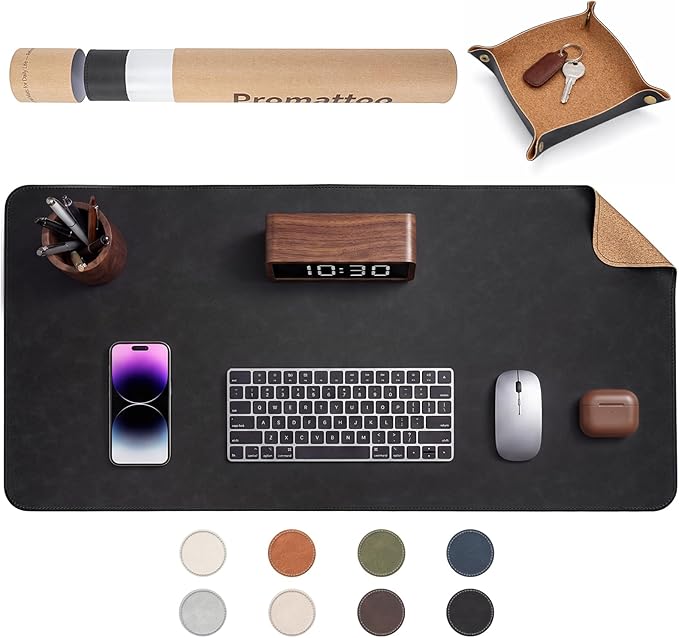 Premium Faux Leather Desk Mat & Tray Set，Innovative Cork-Look Printed Base，Gift Tube Packaging，Full-Desk Coverage，Non-Slip Desk Pad for Office Home（Classic Black）