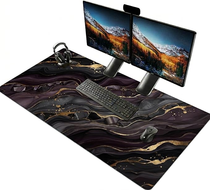 Black Gold Marble Mouse Pad 48x24in, Luxury Abstract Extended Desk Mat, Non-Slip Waterproof Keyboard Pad for Office & Gaming