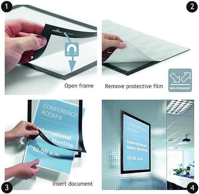 Durable Duraframe Self Adhesive Magnetic Sign Holder in Half Letter-Size 5.5" x 8.5" Inches - Black Frame - Pack of 2