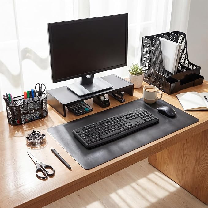 Glenmal 12 Pcs 12-in-1 Office Desk Organizer Accessories Set with Desk Pad Protector Computer Riser File Organizer Pen Holder Calculator Scissors Stapler Staples Folder Set Pens Tape Cutter