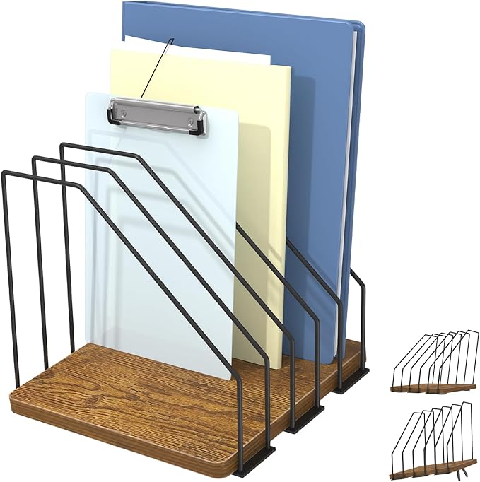 Inclined Desk File Organizer, 5-Section Vertical File Folder Holder, Desk Files Organizer Stand, Metal Files Sorter Rack Stand for Office Home School