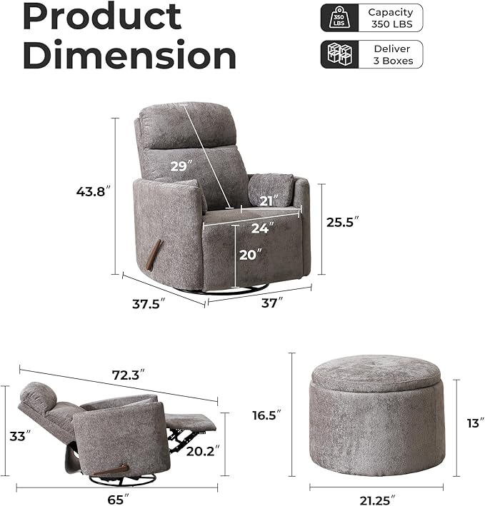 Oversized Swivel Rocker Recliner Chair with Massage and Heat, Manual Swivel Glider Rocker Recliner with 2 Bolster Pillows, Rocking Nursery Chair with Storage Ottoman , Adjustable Headrest, Dark Grey