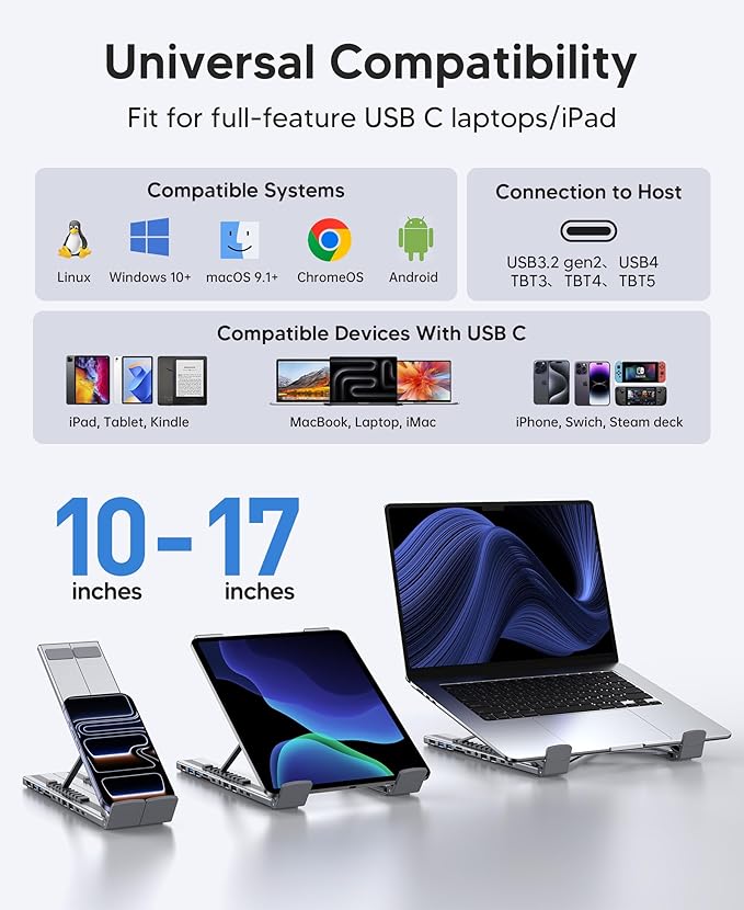 Laptop Docking Station Stand, Dock Tablet Stand, 11 in 1 USB C Hub with 4K@60Hz HDMI,2 USB3.0,2 USB2.0,PD 100W,USB C 3.0+SD/TF+Audio Universal Dock Station for MacBook Pro/Air/Dell/HP/Surface/Lenovo